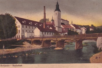 Veduta Škofje Loke s Krennerjevo tovarno, razglednica, začetek 20. stoletja. 
