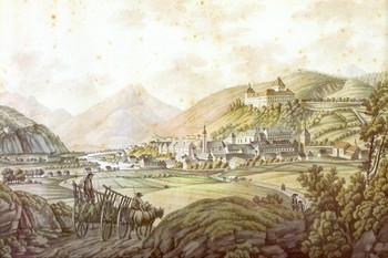 Ferdinand Runk, A Veduta of Škofja Loka, a watercolour copperplate engraving from the Eder Suite, late 18th century