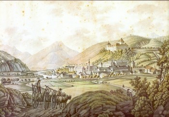 Ferdinand Runk, A Veduta of Škofja Loka, a watercolour copperplate engraving from the Eder Suite, late 18th century