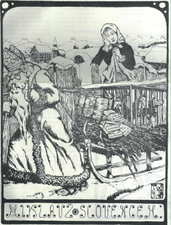 Miklavž Slovencem vozi potne liste za potovanje v Ameriko, Maksim Gaspari, Osa, Politično-satirični tednik, 1905